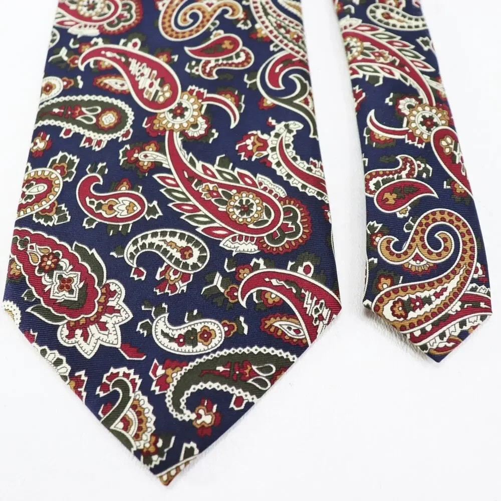 Lands End Tie Mens 58 in Blue Burgundy Cream Paisley Silk Handsewn Lined Wide